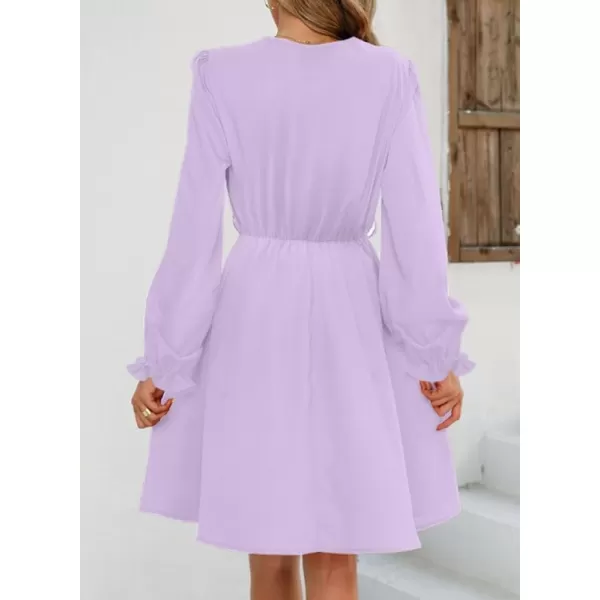 Dokotoo Womens V Neck Dresses Lantern Long Sleeve Lace Trim Midi Dress Tassel Belt Shirt Dress