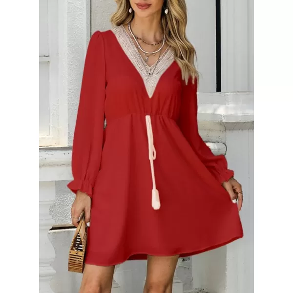 Dokotoo Womens V Neck Dresses Lantern Long Sleeve Lace Trim Midi Dress Tassel Belt Shirt Dress