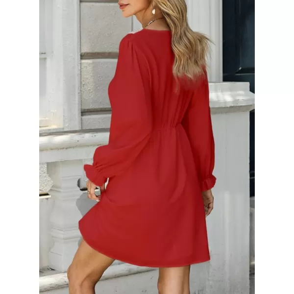 Dokotoo Womens V Neck Dresses Lantern Long Sleeve Lace Trim Midi Dress Tassel Belt Shirt Dress