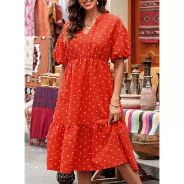 Dokotoo Womens V Neck Dresses Lantern Long Sleeve Lace Trim Midi Dress Tassel Belt Shirt Dress