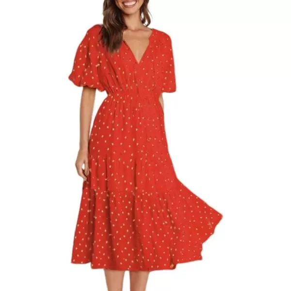 Dokotoo Womens V Neck Dresses Lantern Long Sleeve Lace Trim Midi Dress Tassel Belt Shirt Dress