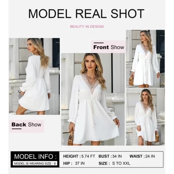 Dokotoo Womens V Neck Dresses Lantern Long Sleeve Lace Trim Midi Dress Tassel Belt Shirt Dress
