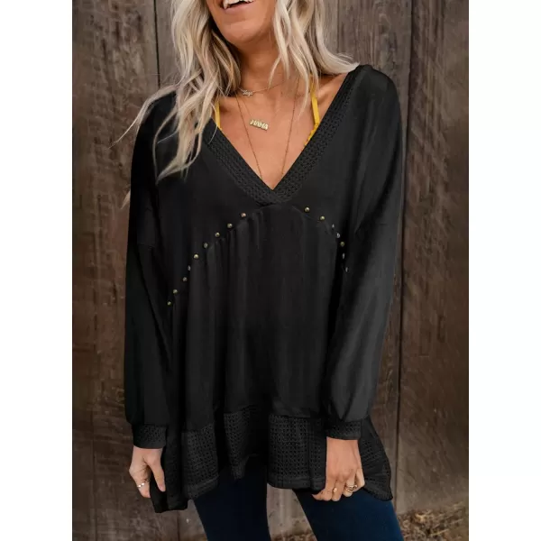 Dokotoo Womens Waffle Knit Tops V-Neck Ruffle Sleeve Blouse Stud Rivet Splicing Shirts