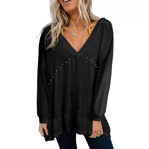 Dokotoo Womens Waffle Knit Tops V-Neck Ruffle Sleeve Blouse Stud Rivet Splicing Shirts