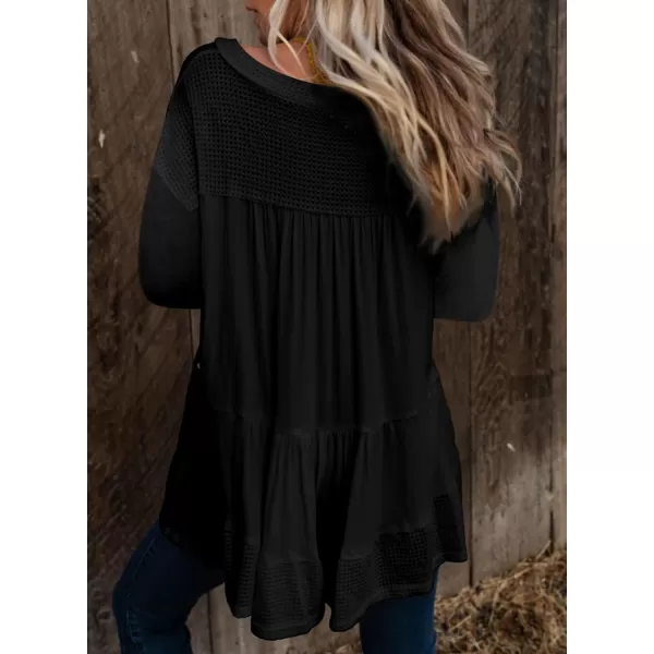 Dokotoo Womens Waffle Knit Tops V-Neck Ruffle Sleeve Blouse Stud Rivet Splicing Shirts