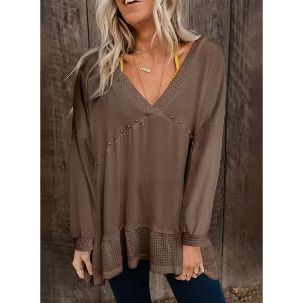 Dokotoo Womens Waffle Knit Tops V-Neck Ruffle Sleeve Blouse Stud Rivet Splicing Shirts