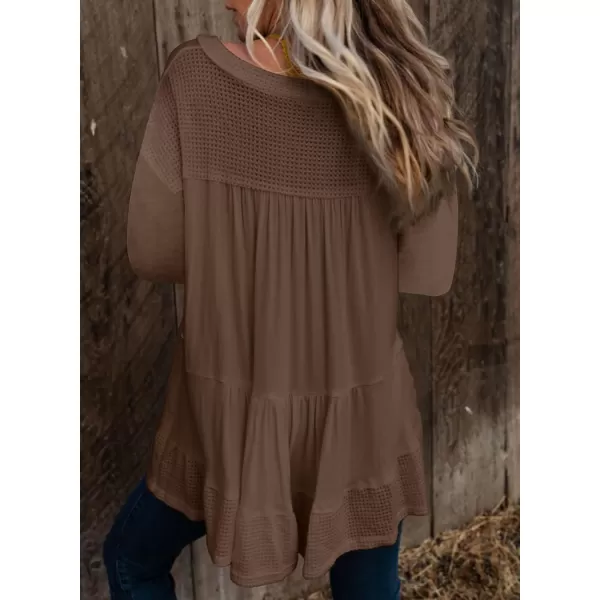Dokotoo Womens Waffle Knit Tops V-Neck Ruffle Sleeve Blouse Stud Rivet Splicing Shirts