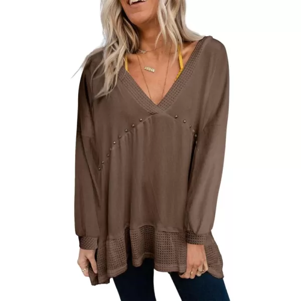 Dokotoo Womens Waffle Knit Tops V-Neck Ruffle Sleeve Blouse Stud Rivet Splicing Shirts