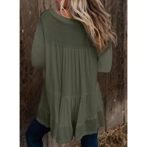Dokotoo Womens Waffle Knit Tops V-Neck Ruffle Sleeve Blouse Stud Rivet Splicing Shirts