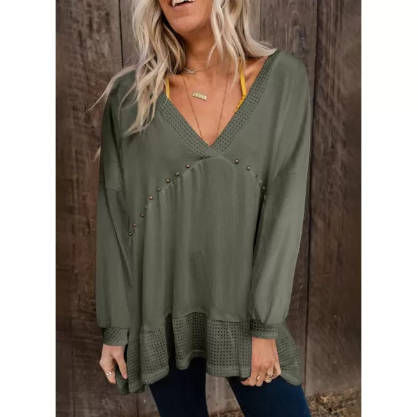 Dokotoo Womens Waffle Knit Tops V-Neck Ruffle Sleeve Blouse Stud Rivet Splicing Shirts