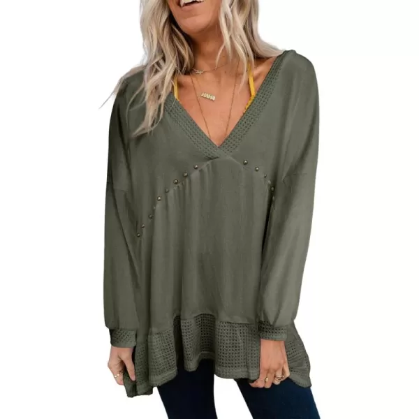 Dokotoo Womens Waffle Knit Tops V-Neck Ruffle Sleeve Blouse Stud Rivet Splicing Shirts