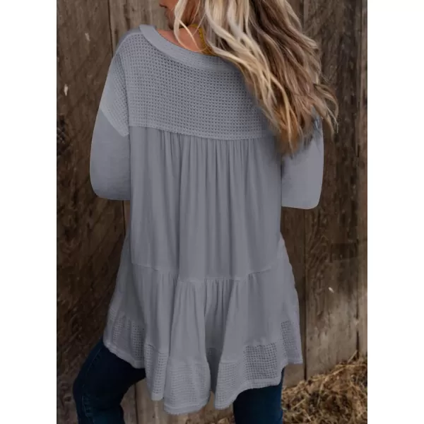 Dokotoo Womens Waffle Knit Tops V-Neck Ruffle Sleeve Blouse Stud Rivet Splicing Shirts