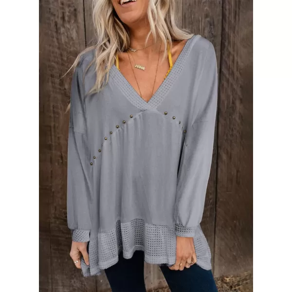 Dokotoo Womens Waffle Knit Tops V-Neck Ruffle Sleeve Blouse Stud Rivet Splicing Shirts