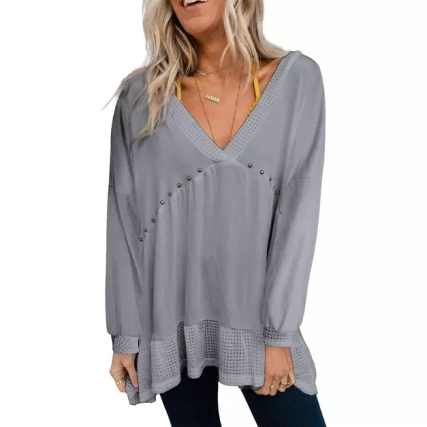 Dokotoo Womens Waffle Knit Tops V-Neck Ruffle Sleeve Blouse Stud Rivet Splicing Shirts