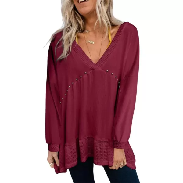 Dokotoo Womens Waffle Knit Tops V-Neck Ruffle Sleeve Blouse Stud Rivet Splicing Shirts