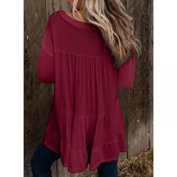 Dokotoo Womens Waffle Knit Tops V-Neck Ruffle Sleeve Blouse Stud Rivet Splicing Shirts