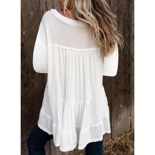 Dokotoo Womens Waffle Knit Tops V-Neck Ruffle Sleeve Blouse Stud Rivet Splicing Shirts