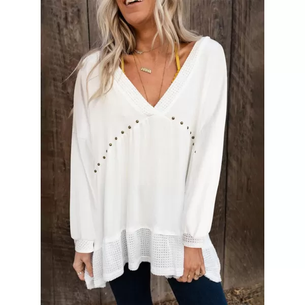 Dokotoo Womens Waffle Knit Tops V-Neck Ruffle Sleeve Blouse Stud Rivet Splicing Shirts