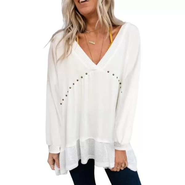 Dokotoo Womens Waffle Knit Tops V-Neck Ruffle Sleeve Blouse Stud Rivet Splicing Shirts