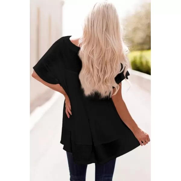 Dokotoo Womens Waffle Knit Tops V-Neck Ruffle Sleeve Blouse Stud Rivet Splicing Shirts