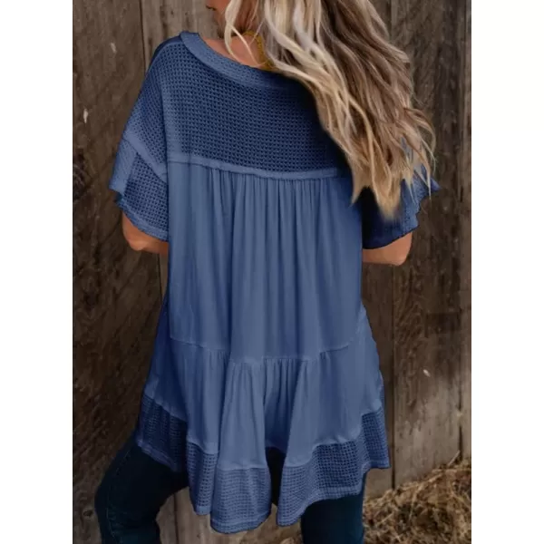 Dokotoo Womens Waffle Knit Tops V-Neck Ruffle Sleeve Blouse Stud Rivet Splicing Shirts