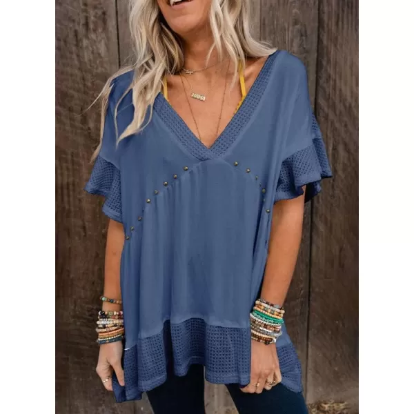 Dokotoo Womens Waffle Knit Tops V-Neck Ruffle Sleeve Blouse Stud Rivet Splicing Shirts