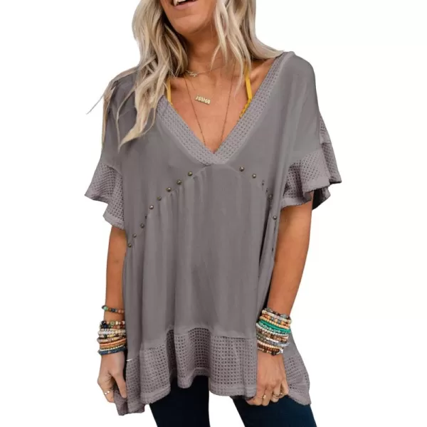 Dokotoo Womens Waffle Knit Tops V-Neck Ruffle Sleeve Blouse Stud Rivet Splicing Shirts