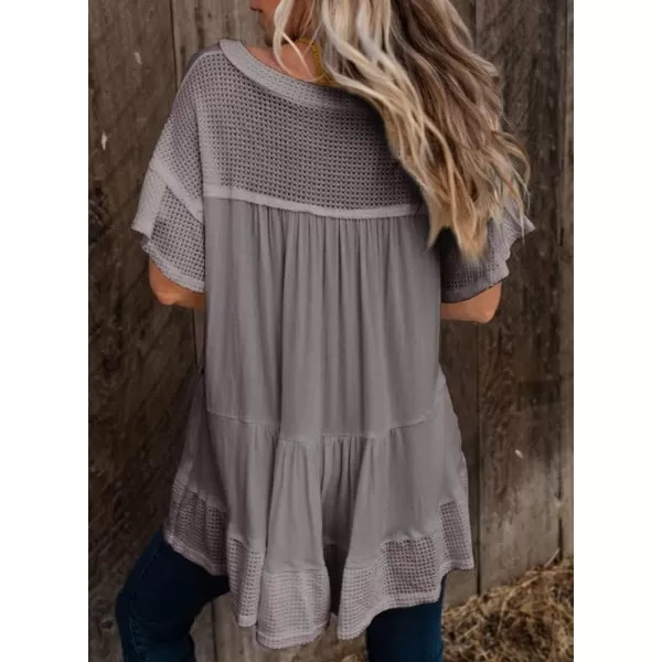 Dokotoo Womens Waffle Knit Tops V-Neck Ruffle Sleeve Blouse Stud Rivet Splicing Shirts