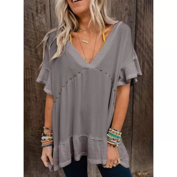 Dokotoo Womens Waffle Knit Tops V-Neck Ruffle Sleeve Blouse Stud Rivet Splicing Shirts