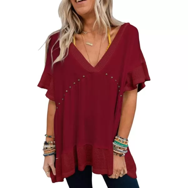 Dokotoo Womens Waffle Knit Tops V-Neck Ruffle Sleeve Blouse Stud Rivet Splicing Shirts