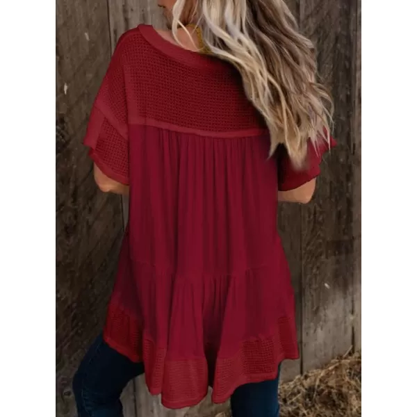 Dokotoo Womens Waffle Knit Tops V-Neck Ruffle Sleeve Blouse Stud Rivet Splicing Shirts