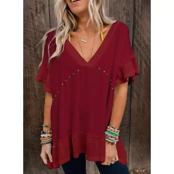Dokotoo Womens Waffle Knit Tops V-Neck Ruffle Sleeve Blouse Stud Rivet Splicing Shirts