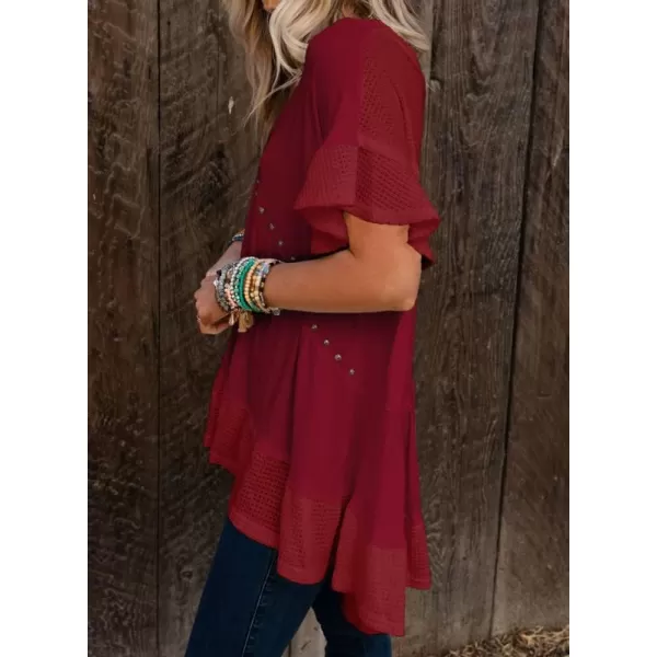 Dokotoo Womens Waffle Knit Tops V-Neck Ruffle Sleeve Blouse Stud Rivet Splicing Shirts