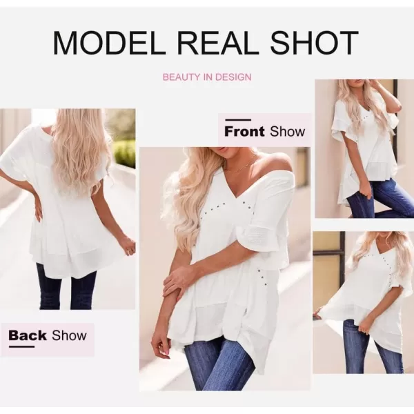Dokotoo Womens Waffle Knit Tops V-Neck Ruffle Sleeve Blouse Stud Rivet Splicing Shirts