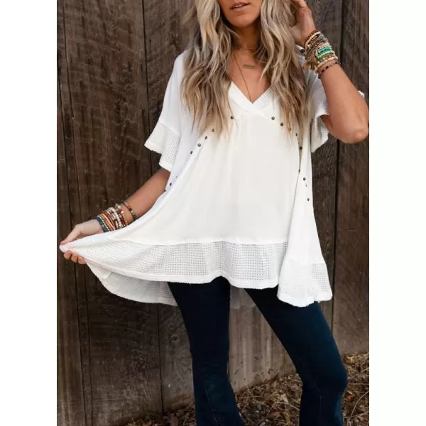 Dokotoo Womens Waffle Knit Tops V-Neck Ruffle Sleeve Blouse Stud Rivet Splicing Shirts