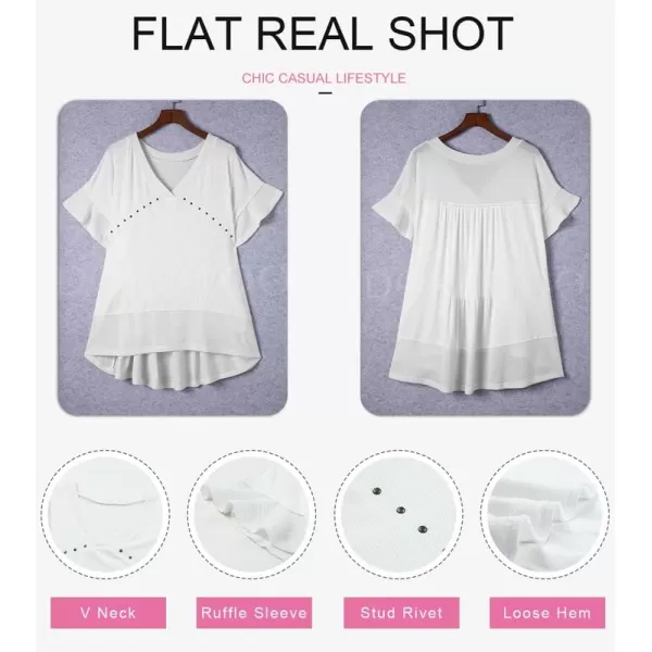 Dokotoo Womens Waffle Knit Tops V-Neck Ruffle Sleeve Blouse Stud Rivet Splicing Shirts