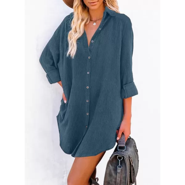 Dokotoo Women's Corduroy Long Sleeve Button Down Shirts Tunic Dresses with Pockets