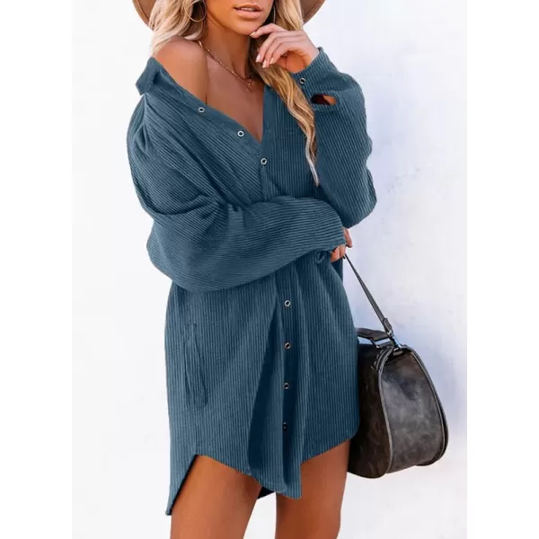Dokotoo Women's Corduroy Long Sleeve Button Down Shirts Tunic Dresses with Pockets