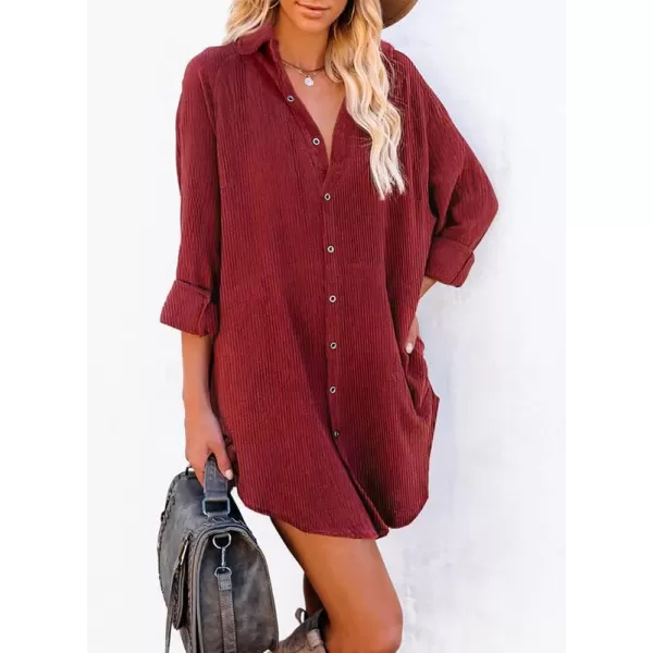 Dokotoo Women's Corduroy Long Sleeve Button Down Shirts Tunic Dresses with Pockets