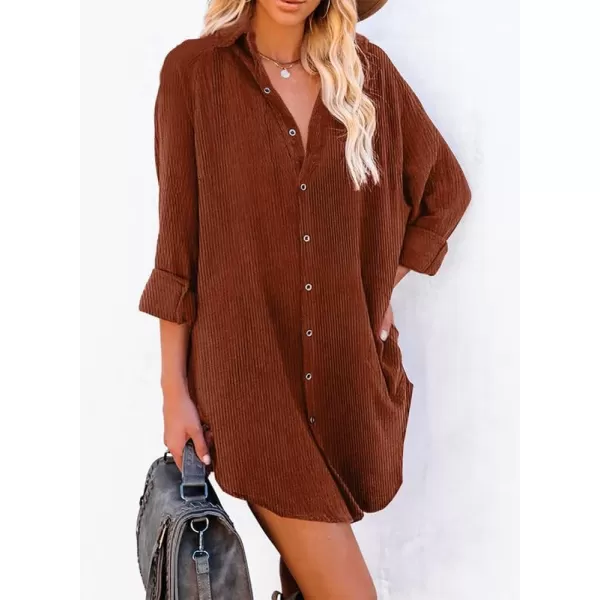 Dokotoo Women's Corduroy Long Sleeve Button Down Shirts Tunic Dresses with Pockets