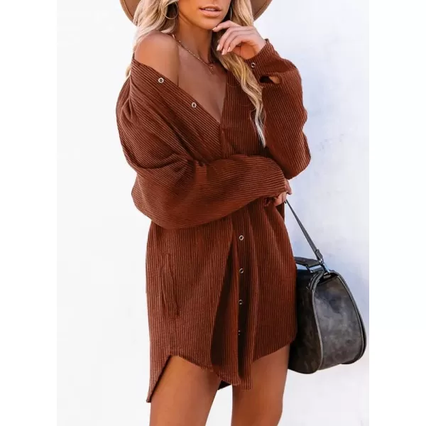 Dokotoo Women's Corduroy Long Sleeve Button Down Shirts Tunic Dresses with Pockets