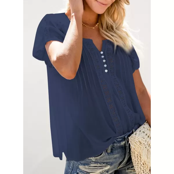 Dokotoo Women's V Neck Lace Crochet Eyelet Tops Short Sleeve Casual Shirts Blouses