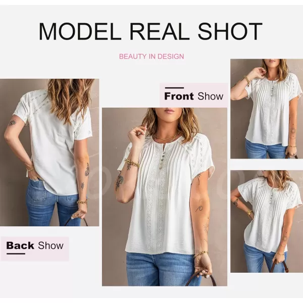 Dokotoo Women's V Neck Lace Crochet Eyelet Tops Short Sleeve Casual Shirts Blouses