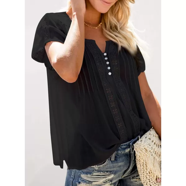 Dokotoo Women's V Neck Lace Crochet Eyelet Tops Short Sleeve Casual Shirts Blouses