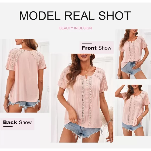 Dokotoo Women's V Neck Lace Crochet Eyelet Tops Short Sleeve Casual Shirts Blouses