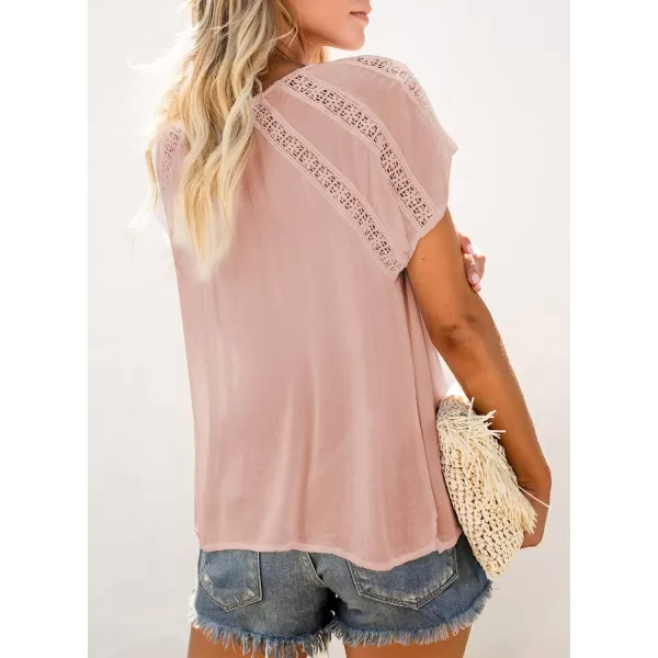 Dokotoo Women's V Neck Lace Crochet Eyelet Tops Short Sleeve Casual Shirts Blouses