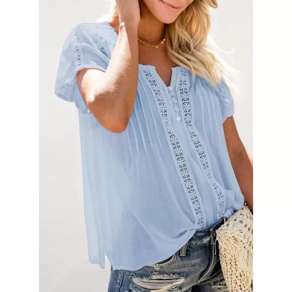 Dokotoo Women's V Neck Lace Crochet Eyelet Tops Short Sleeve Casual Shirts Blouses