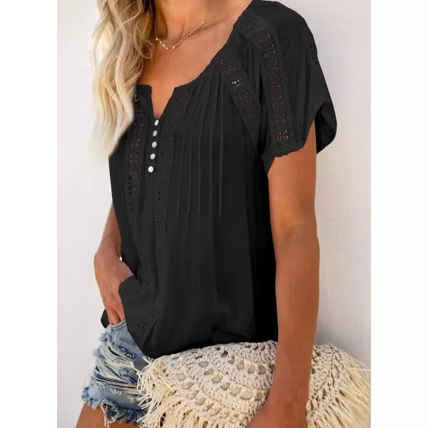 Dokotoo Women's V Neck Lace Crochet Eyelet Tops Short Sleeve Casual Shirts Blouses