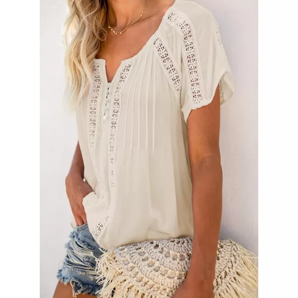 Dokotoo Women's V Neck Lace Crochet Eyelet Tops Short Sleeve Casual Shirts Blouses