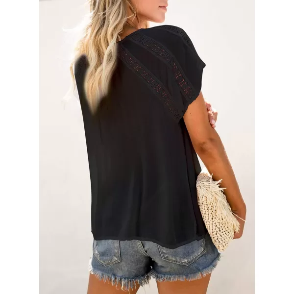Dokotoo Women's V Neck Lace Crochet Eyelet Tops Short Sleeve Casual Shirts Blouses
